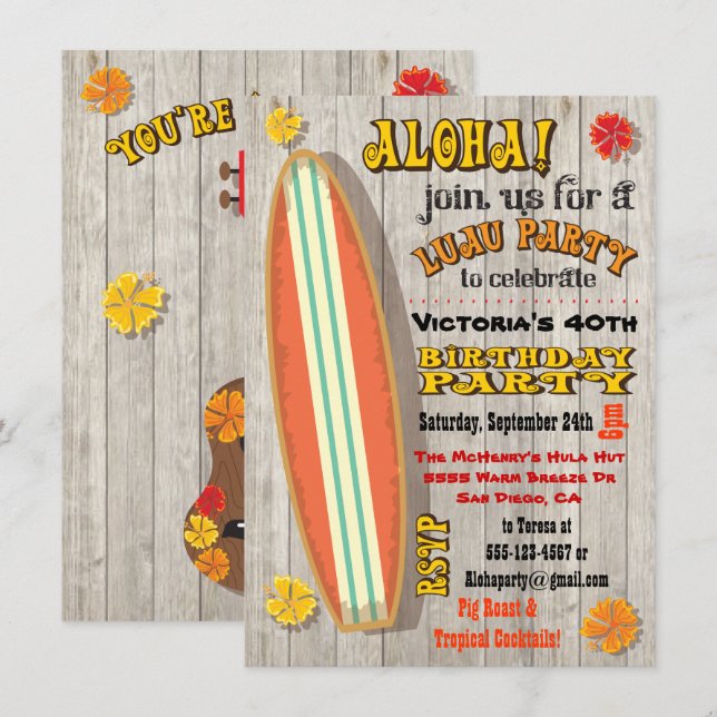 Hawaiian Luau Birthday Party Invitations (Front/Back)