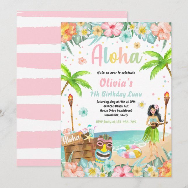 Hawaiian Luau Birthday Party Tropical Birthday Invitation (Front/Back)