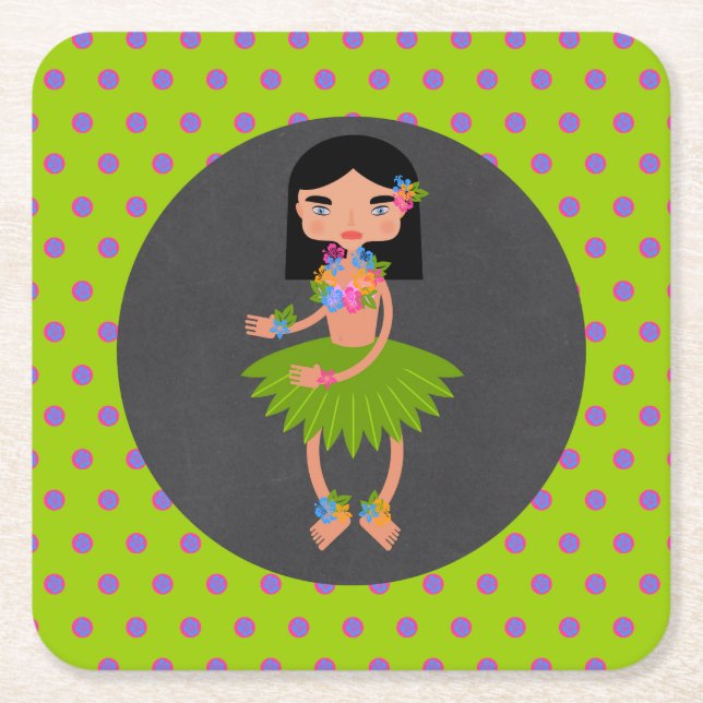 Hawaiian Luau girl Birthday Party Square Paper Coaster (Front)