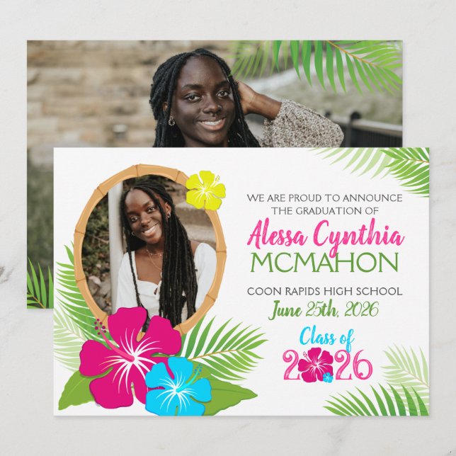 Hawaiian Luau Graduation 2 Photo Announcement (Front/Back)