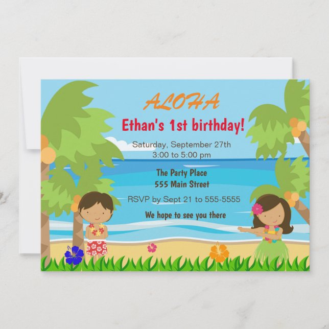 Hawaiian luau kids birthday party invitation (Front)