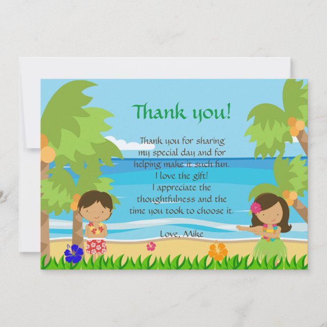 Hawaiian Luau Kids Birthday Thank You Card (Front)