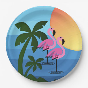 Hawaiian Luau Party Flamingo Palm Trees Paper Plate