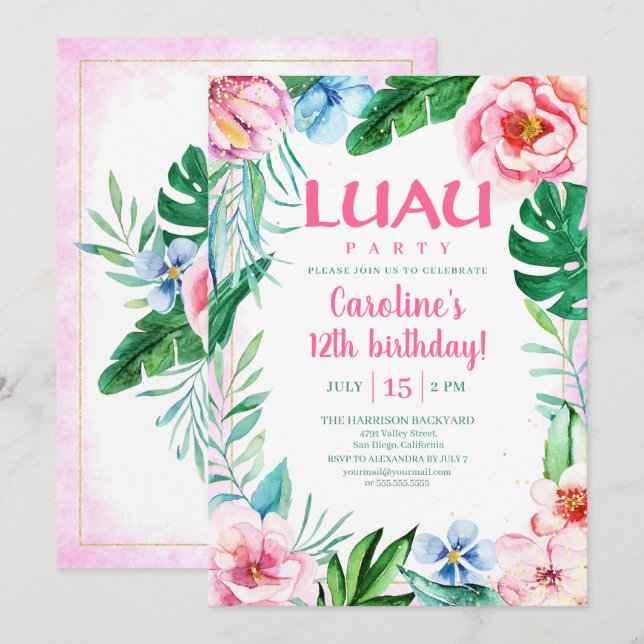 Hawaiian Luau Party Tropical Floral Pink Birthday Invitation (Front/Back)