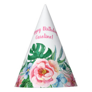 Hawaiian Luau Party Tropical Floral Pink Birthday Party Hat