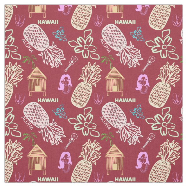 Hawaiian Luau Patterned Red Fabric (Swatch)