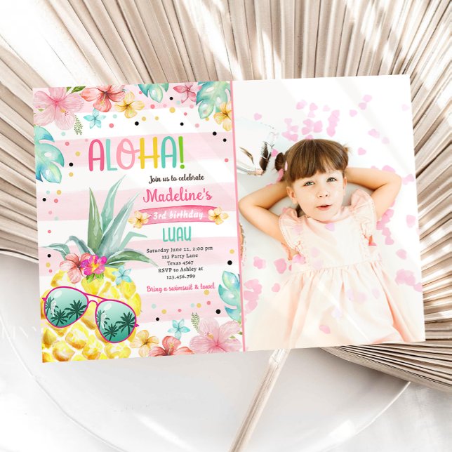 Hawaiian Luau Pineapple Tropical Girl Birthday  In Invitation (Creator Uploaded)