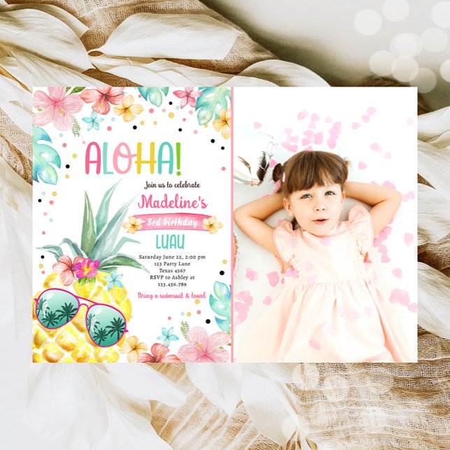 Hawaiian Luau Pineapple Tropical Girl Birthday Invitation (Creator Uploaded)