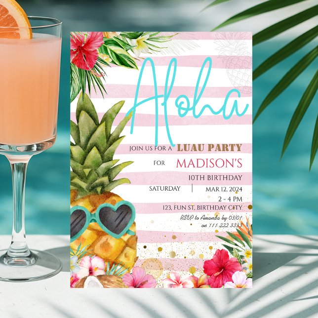 Hawaiian Luau Pineapple Tropical Girl Birthday Invitation (Hawaiian Luau Pineapple Tropical Girl Birthday Invitation)