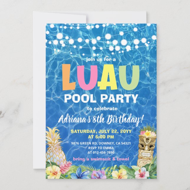 Hawaiian Luau Pool Party Birthday Invitation (Front)