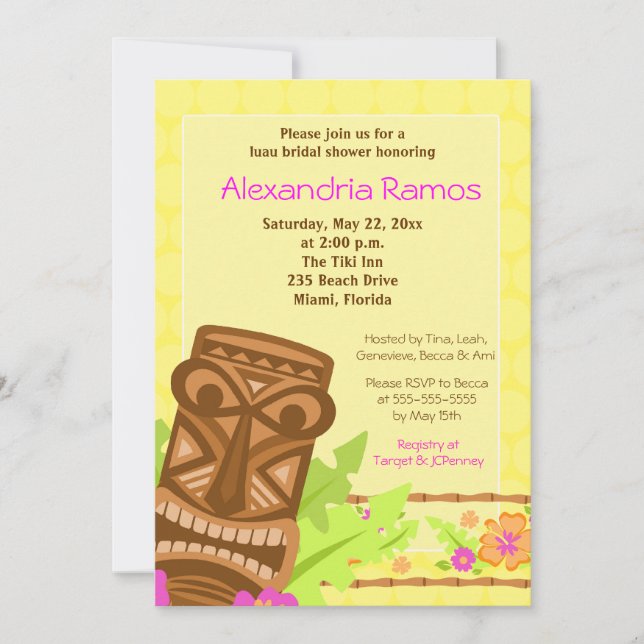 Hawaiian Luau Tiki 5x7 Bridal Shower Invite (Front)