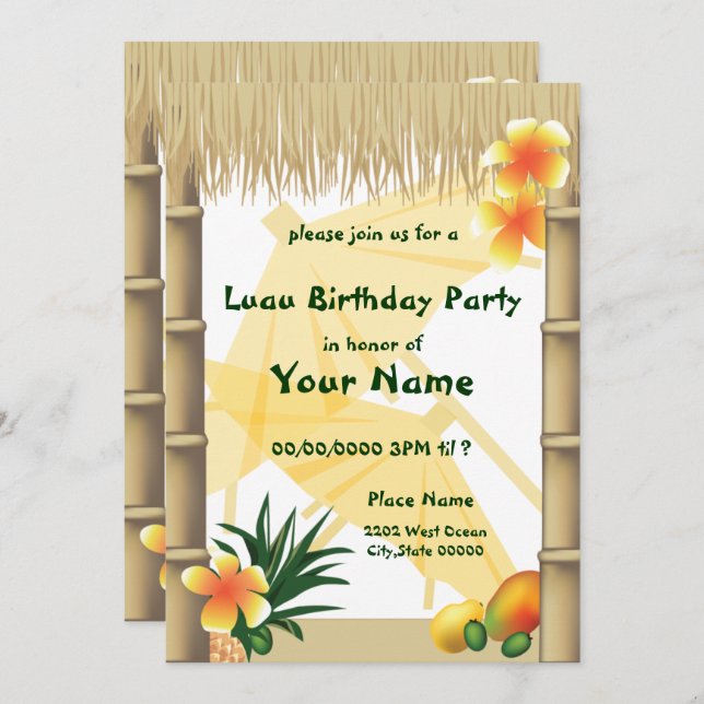 Hawaiian Luau Tiki Hut Tropical Birthday Invitation (Front/Back)