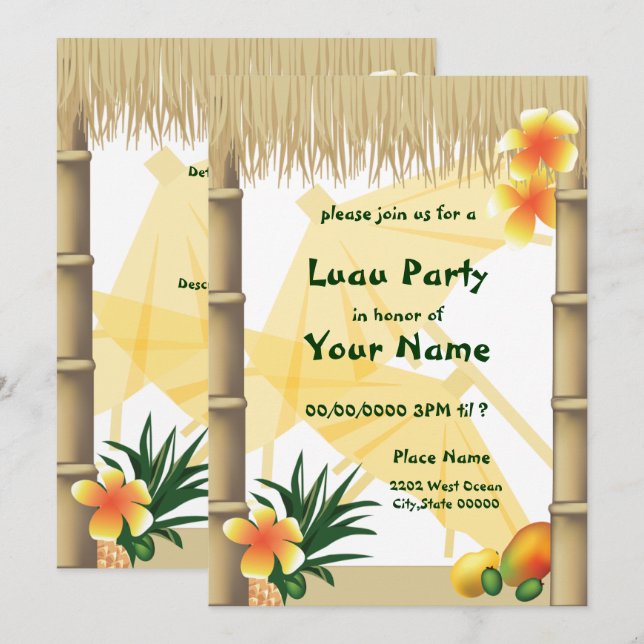 Hawaiian Luau Tiki Hut Tropical Party Invitation (Front/Back)