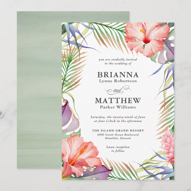 Hawaiian Luau Tropical Island Floral Wedding Invitation (Front/Back)