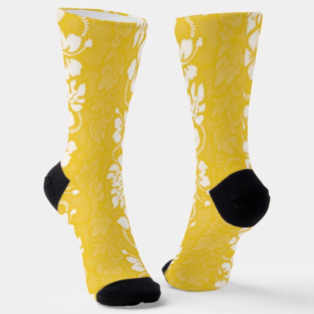 Hawaiian Luau Tropical Yellow Flowers Pattern Socks (Angled)
