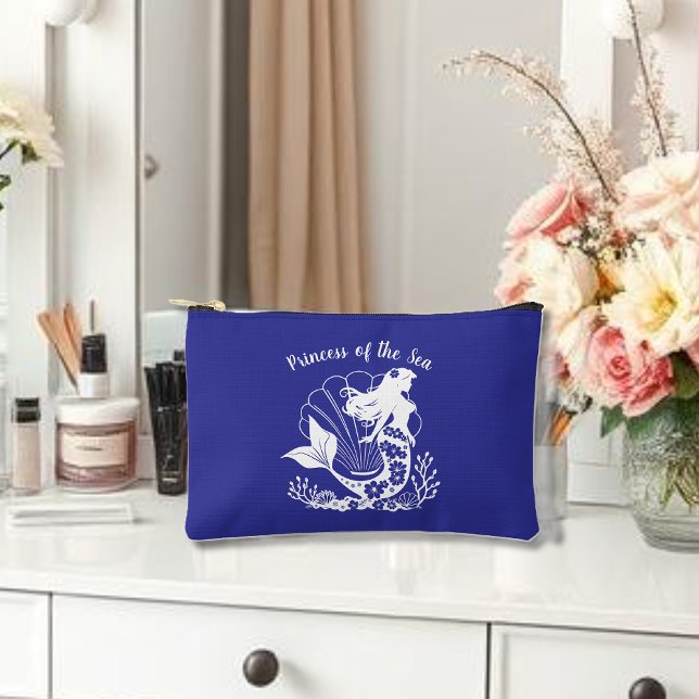 Hawaiian Mermaid Princess of the Sea Blue Accessory Pouch (Hawaiian Mermaid Tropical Flowers Sea Shells Coral, Summer Beach, Fisherman Trend Small Bag Blue)