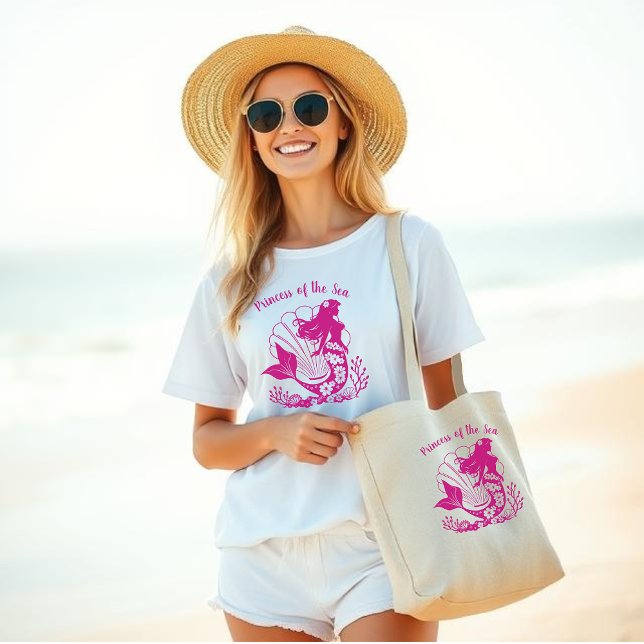 Hawaiian Mermaid-Princess of the Sea-Fisherman- Large Tote Bag (Hawaiian Mermaid-Sea Shells and Tropical Flowers-Fisherman Core-Pink)