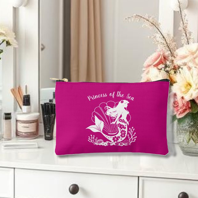 Hawaiian Mermaid Princess of the Sea Pink Accessory Pouch (Hawaiian Mermaid Tropical Flowers Sea Shells Coral, Summer Beach, Fisherman Trend Small Bag)
