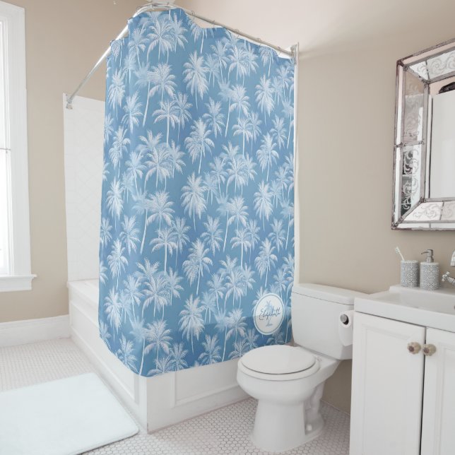 Hawaiian Palm Tree Silhouette Pattern Blue ID1093 Shower Curtain (In Situ)