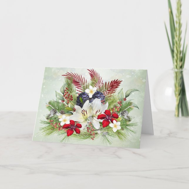 Hawaiian Palms and Tropical Flower Christmas Card (Front)