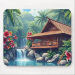 Hawaiian Paradise Tropical Bungalow Mouse Pad<br><div class="desc">Bring the beauty of the islands to your workspace with this Hawaiian paradise tropical bungalow mouse pad. A lush waterfall flows beside a wooden hut framed by vivid hibiscus and swaying palms, creating a scene of serenity and escape. Perfect for home, office or home office, this mouse pad combines everyday...</div>