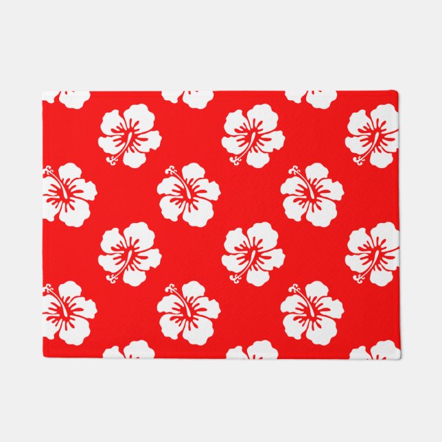 Hawaiian Pattern Hibiscus Red and White Doormat (Front)