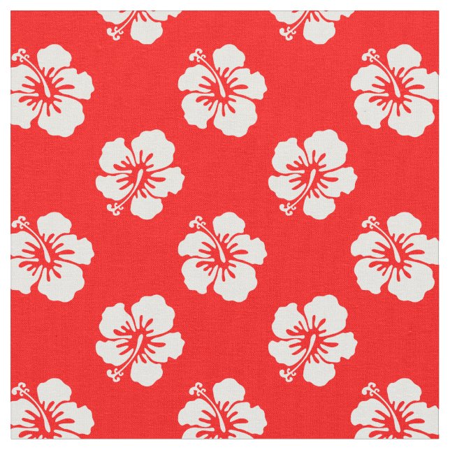 Hawaiian Pattern Hibiscus Red and White Fabric (Close Up)