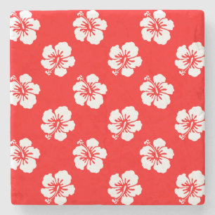 Hawaiian Pattern Hibiscus Red and White Stone Coaster