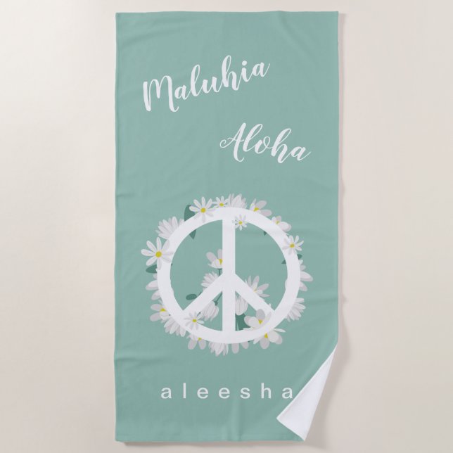 Hawaiian Peace Love Floral Peace Sign Name Beach Towel (Front)