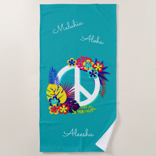 Hawaiian Peace Love Name Personalised Ocean Blue Beach Towel (Front)
