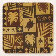 Hawaiian Petroglyph warriors Tiki bar coasters