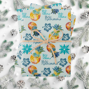Hawaiian Pineapple and Hibiscus Mele Kalikimaka 2 Wrapping Paper Sheet