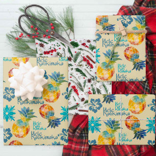 Hawaiian Pineapple and Hibiscus Mele Kalikimaka 3 Wrapping Paper Sheet