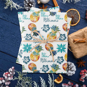 Hawaiian Pineapple and Hibiscus Mele Kalikimaka Wrapping Paper Sheet