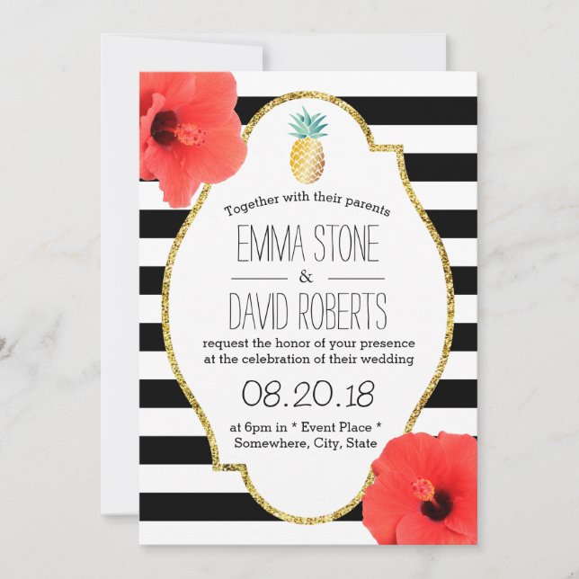 Hawaiian Pineapple Hibiscus Flowers Modern Wedding Invitation (Front)