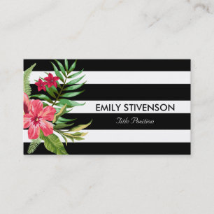 Hawaiian Pink Flower And Black White Stripes Business Card