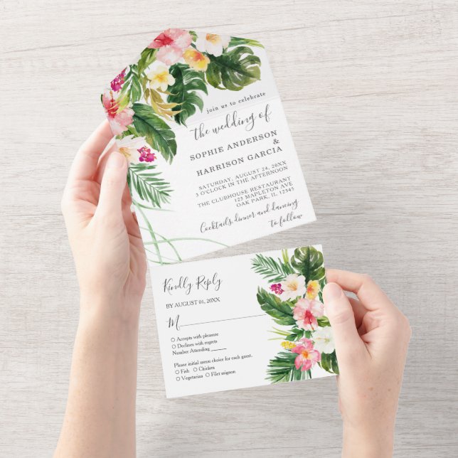 Hawaiian Pink Hibiscus Tropical Floral Wedding All In One Invitation (Tearaway)