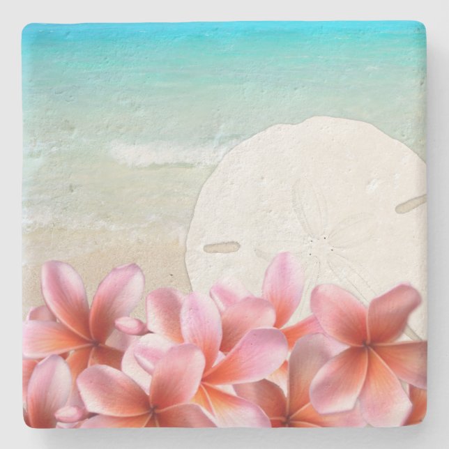 Hawaiian Plumeria and Sand Dollar Stone Coaster (Front)
