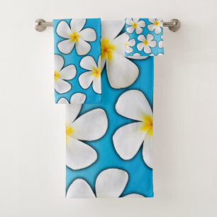 Hawaiian Plumeria Flowers on Blue Bath Towel Set
