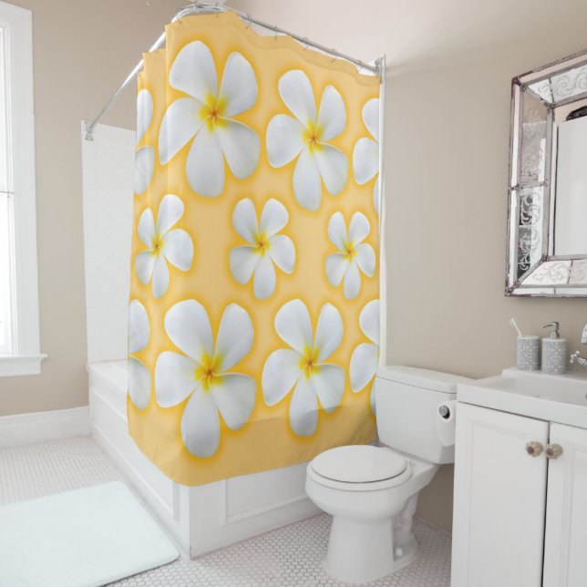 Hawaiian Plumeria Flowers on Orange Shower Curtain (In Situ)