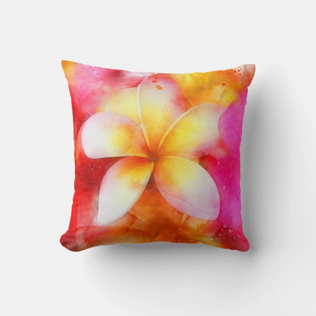 Hawaiian Plumeria in Neon Pink, Yellow, and White Cushion (Front)