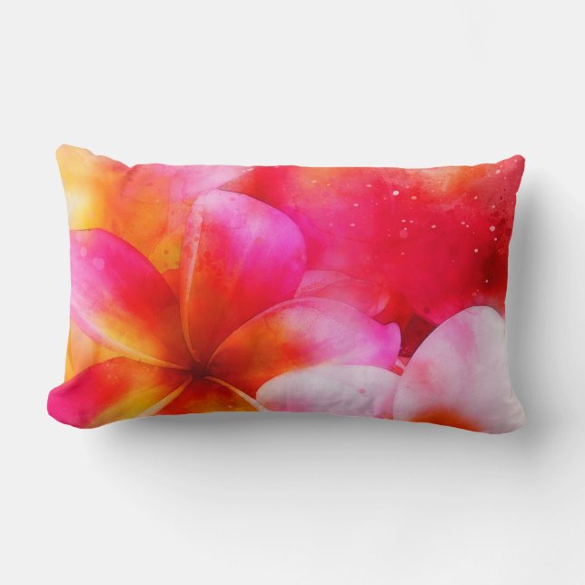 Hawaiian Plumeria in Neon Pink, Yellow, and White Lumbar Cushion (Front)