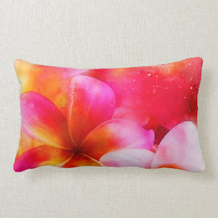 Hawaiian Plumeria in Neon Pink, Yellow, and White Lumbar Cushion