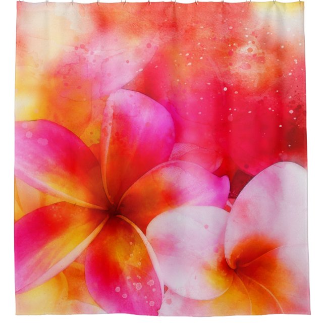 Hawaiian Plumeria in Neon Pink, Yellow, and White Shower Curtain (Front)