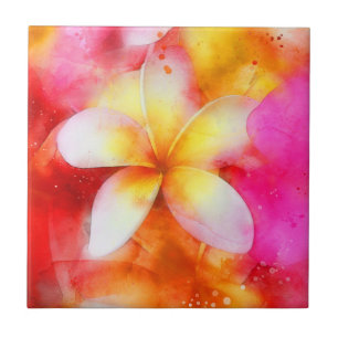 Hawaiian Plumeria in Neon Pink, Yellow, and White Tile