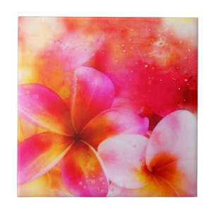 Hawaiian Plumeria in Neon Pink, Yellow, and White Tile