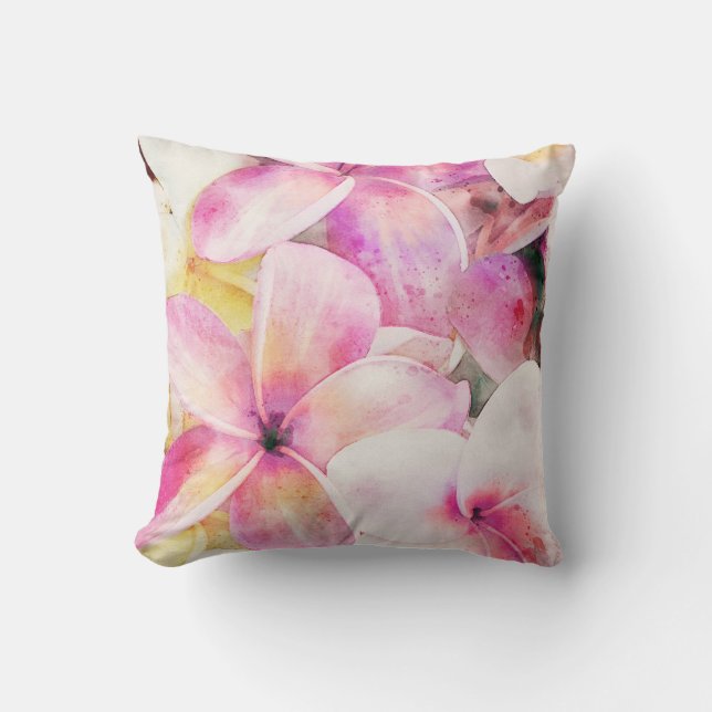 Hawaiian Plumeria in Pink, Yellow, and White Cushion (Front)