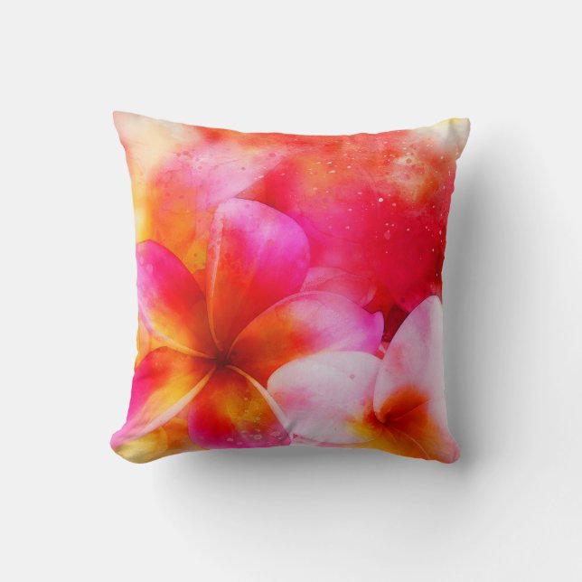 Hawaiian Plumeria in Pink, Yellow, Orange, White Cushion (Front)