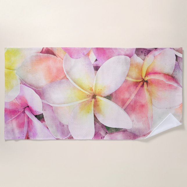 Hawaiian Plumeria Tropical Floral Watercolor Beach Towel (Front)