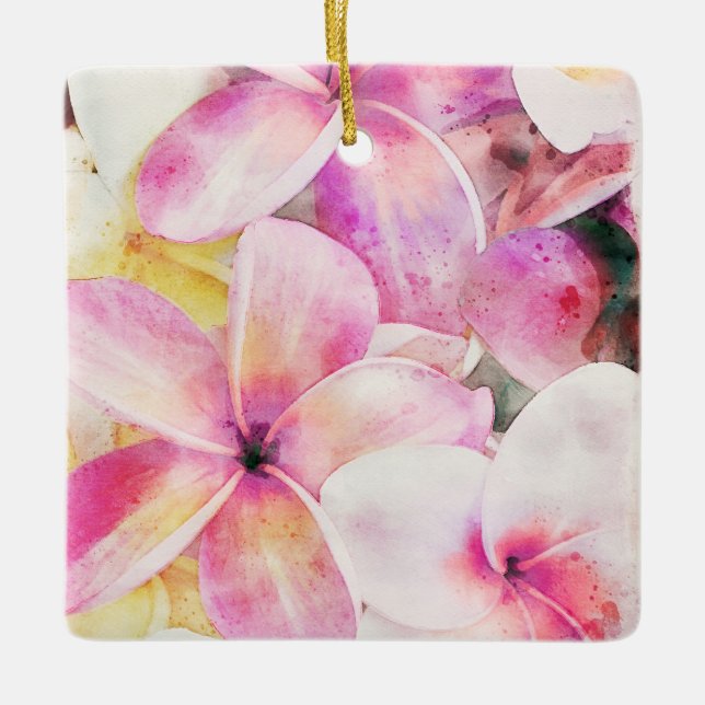 Hawaiian Plumeria Tropical Floral Watercolor Ceramic Ornament (Front)